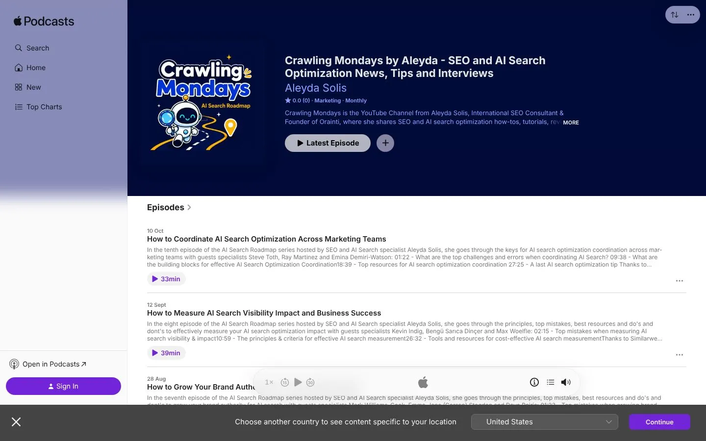 Strona Crawling Mondays (podcasts.apple.com), zrzut ekranu z 23 października 2026 r.