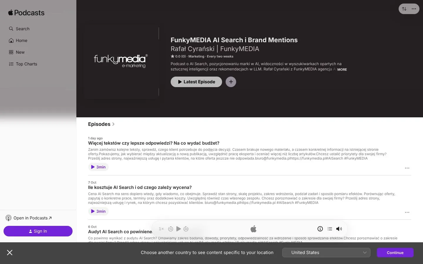 Strona FunkyMEDIA AI Search i Brand Mentions (podcasts.apple.com), zrzut ekranu z 23 października 2026 r.