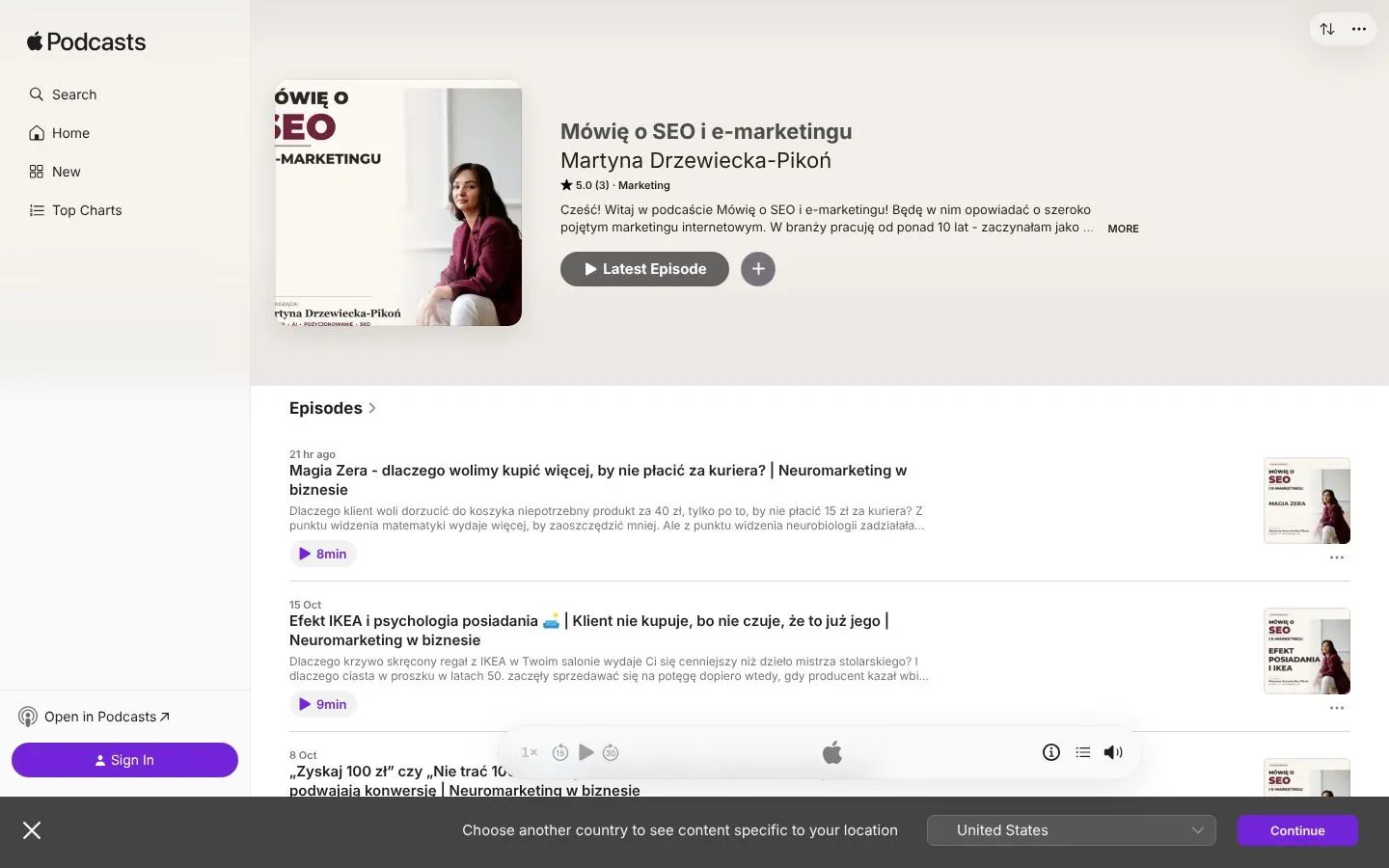 Strona Mówię o SEO i e-marketingu (podcasts.apple.com), zrzut ekranu z 23 października 2026 r.