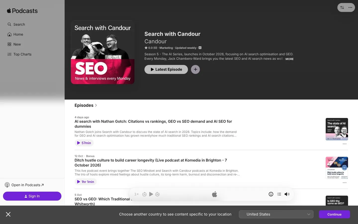 Strona Search with Candour (podcasts.apple.com), zrzut ekranu z 23 października 2026 r.