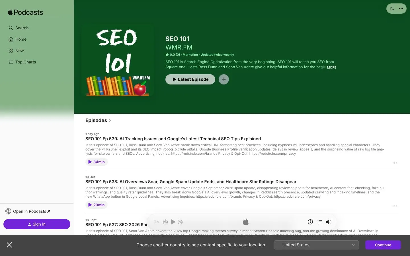 Strona SEO 101 (podcasts.apple.com), zrzut ekranu z 23 października 2026 r.