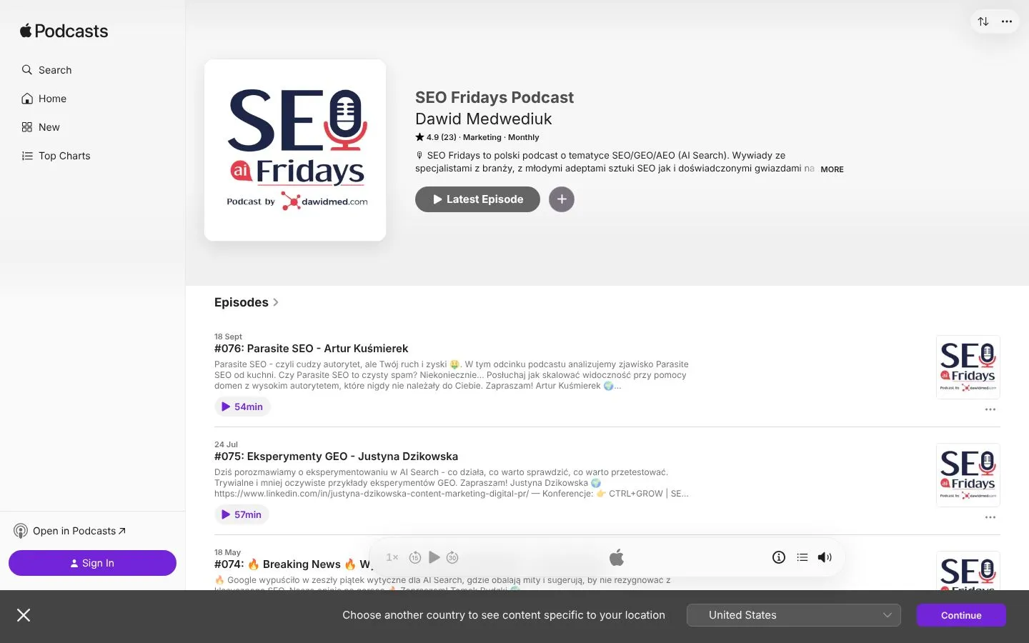 Strona SEO Fridays Podcast (podcasts.apple.com), zrzut ekranu z 23 października 2026 r.
