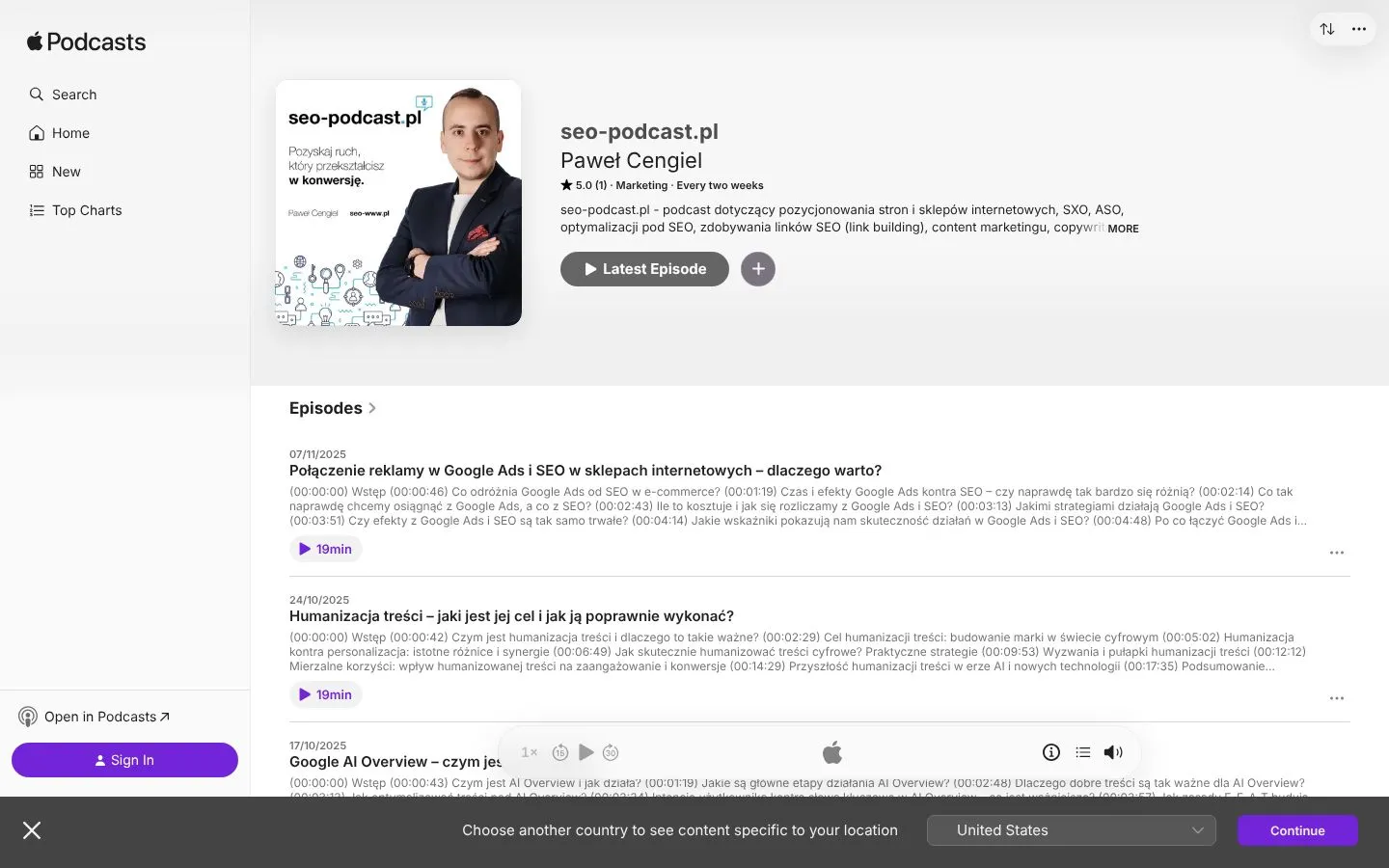 Strona seo-podcast.pl (podcasts.apple.com), zrzut ekranu z 23 października 2026 r.