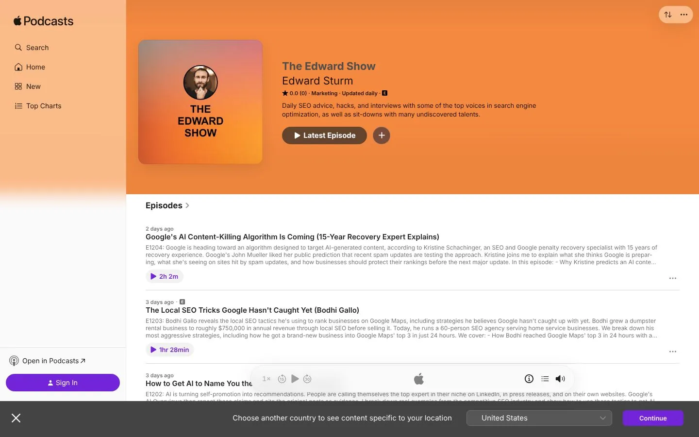 Strona The Edward Show (podcasts.apple.com), zrzut ekranu z 23 października 2026 r.