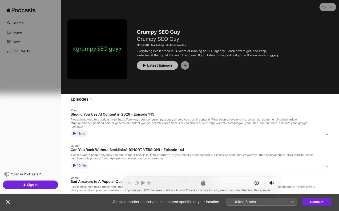 Strona The Grumpy SEO Guy (podcasts.apple.com), zrzut ekranu z 23 października 2026 r.