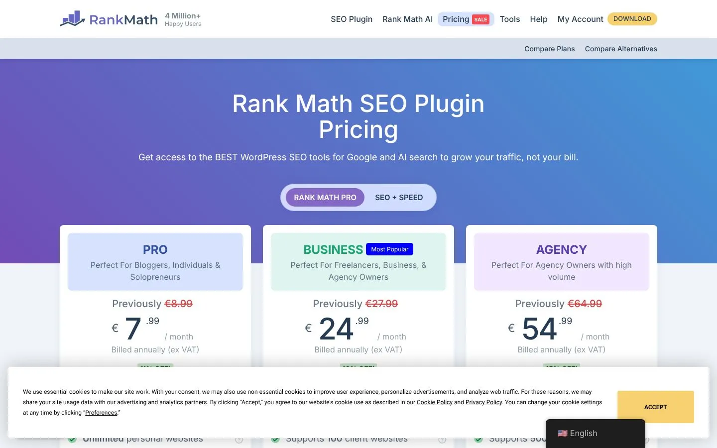 Cennik Rank Math SEO (rankmath.com), zrzut ekranu z 23 października 2026 r.