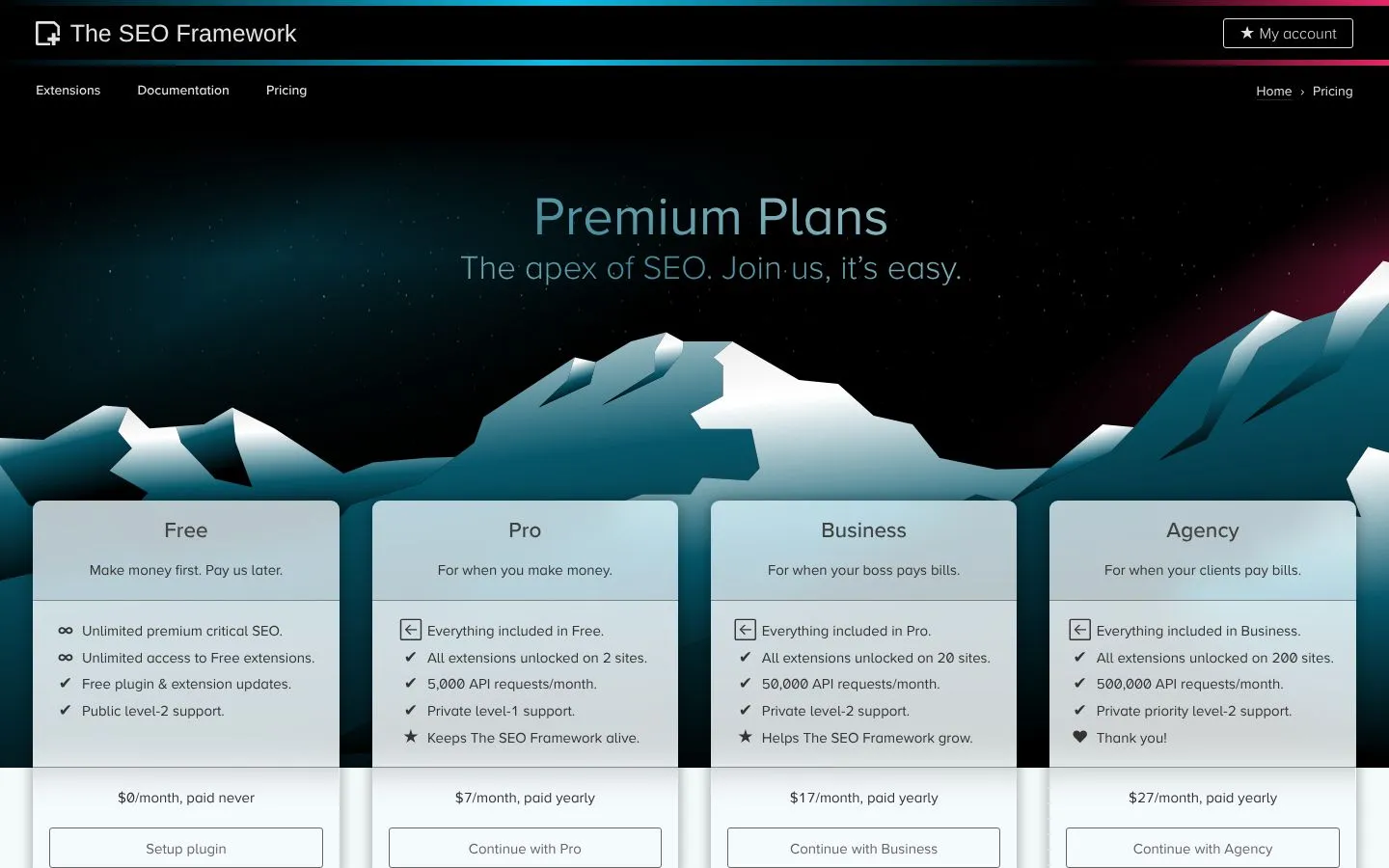 Cennik The SEO Framework (theseoframework.com), zrzut ekranu z 23 października 2026 r.