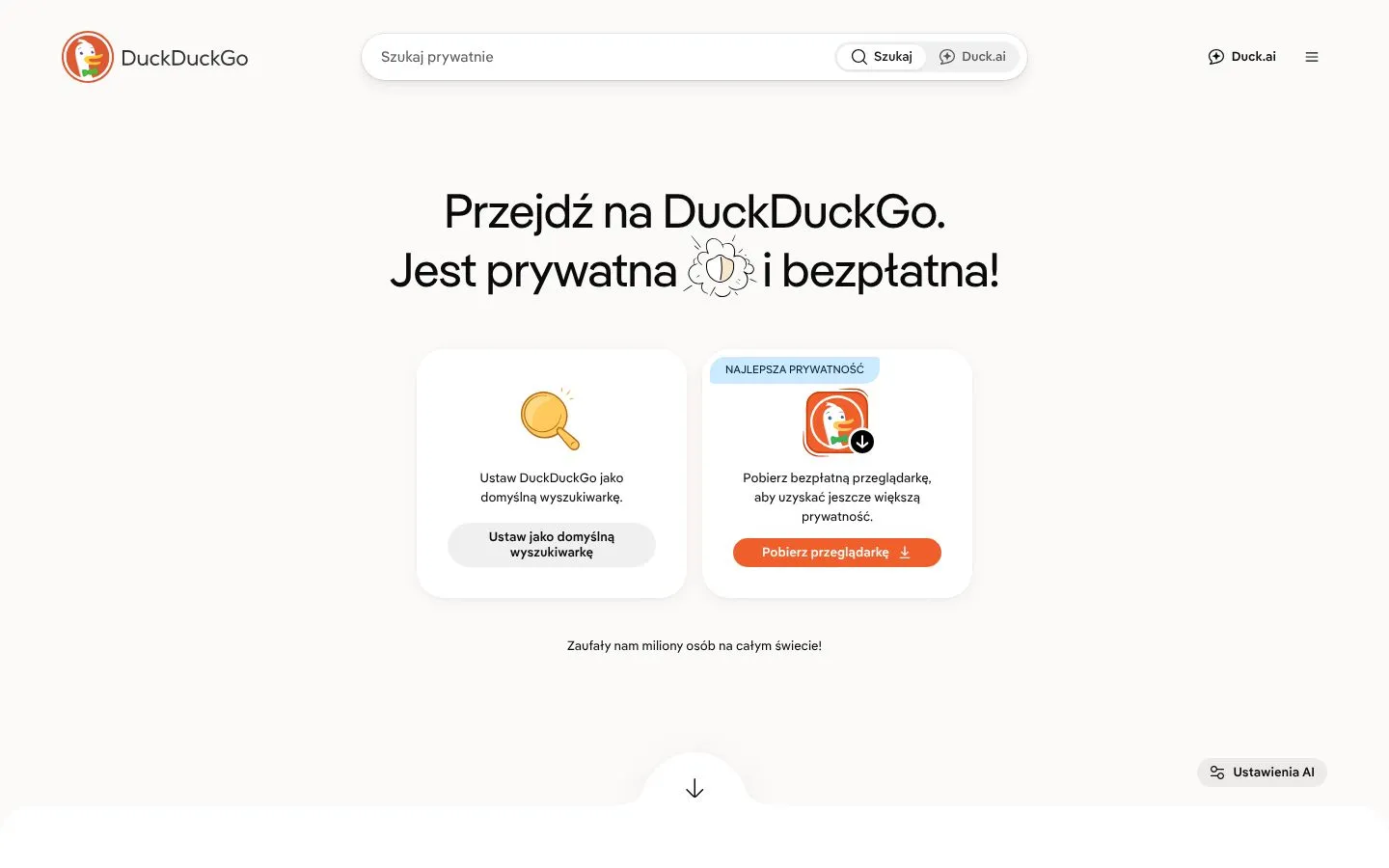 Strona DuckDuckGo (duckduckgo.com), zrzut ekranu z 23 października 2026 r.