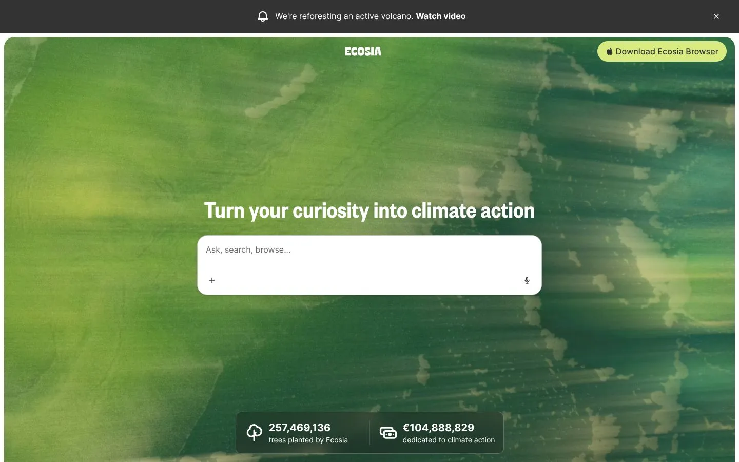 Strona Ecosia (ecosia.org), zrzut ekranu z 23 października 2026 r.