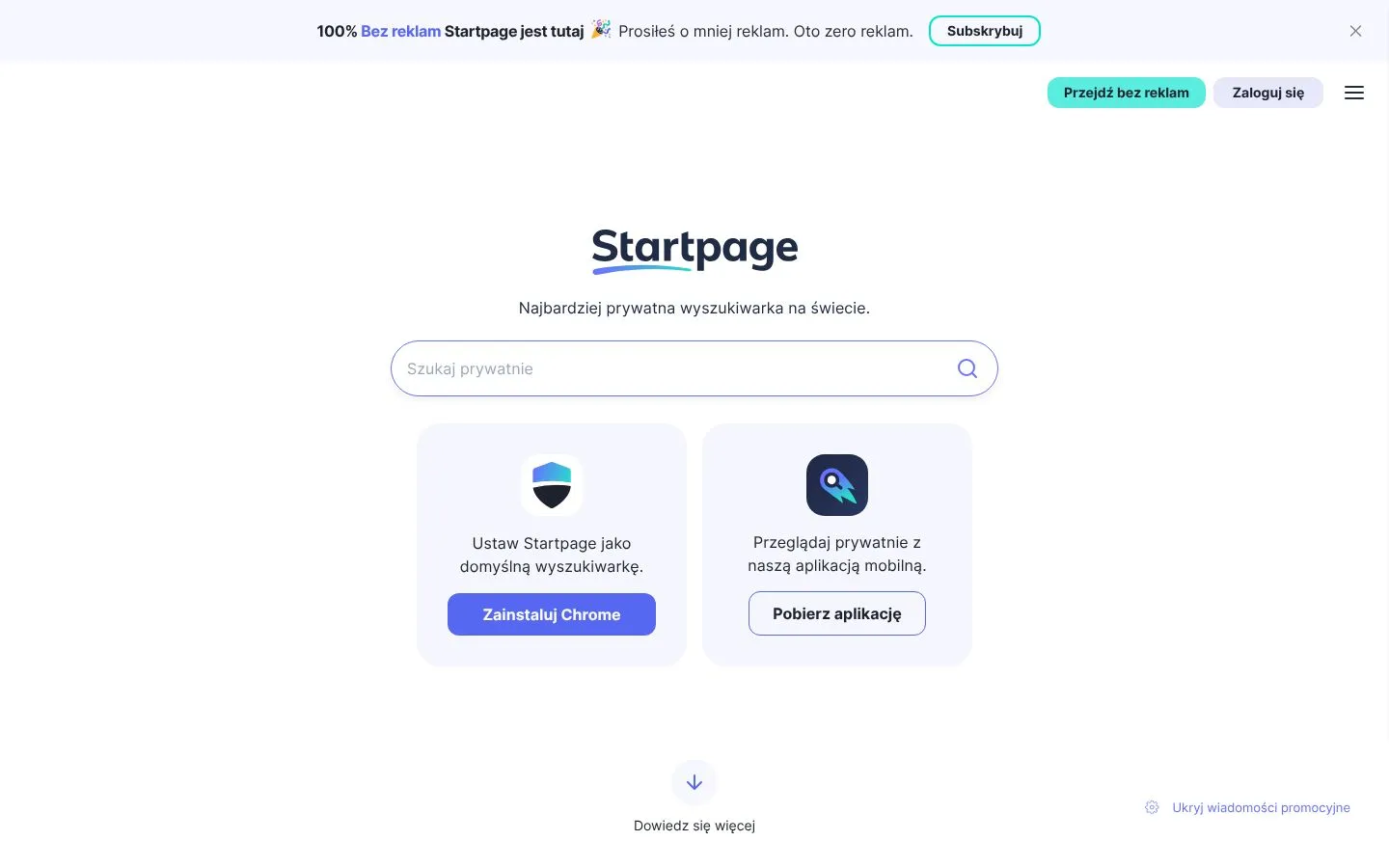 Strona Startpage (startpage.com), zrzut ekranu z 23 października 2026 r.