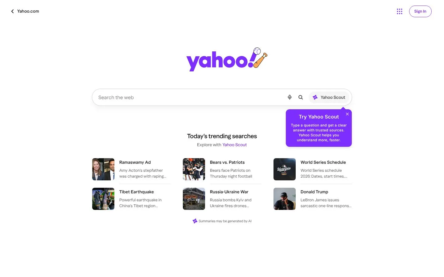 Strona Yahoo (search.yahoo.com), zrzut ekranu z 23 października 2026 r.