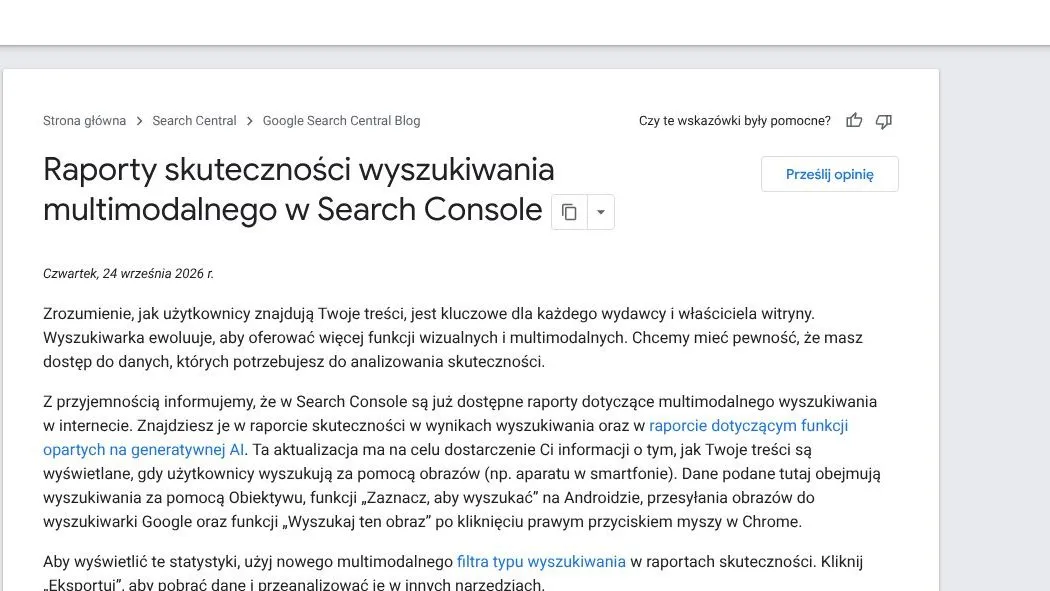 Wpis na blogu Google Search Central z 24 września 2026 r. o raportach skuteczności wyszukiwania multimodalnego w Search Console