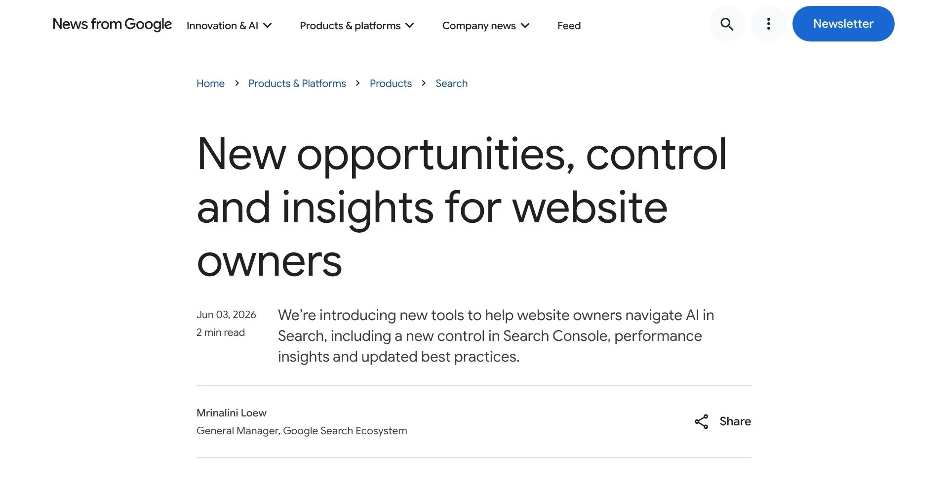 Wpis na blogu Google z 3 czerwca 2026 r.: nowe narzędzia, kontrola i dane dla właścicieli stron w Search Console