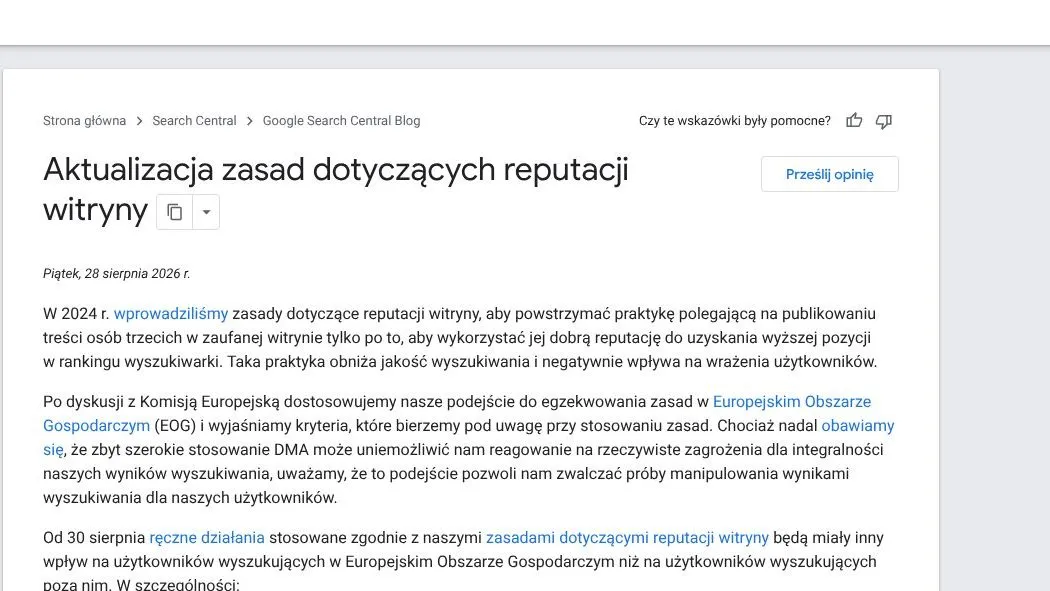Wpis na blogu Google Search Central z 28 sierpnia 2026 r. o zmianie egzekwowania zasad dotyczących reputacji witryny w Europejskim Obszarze Gospodarczym